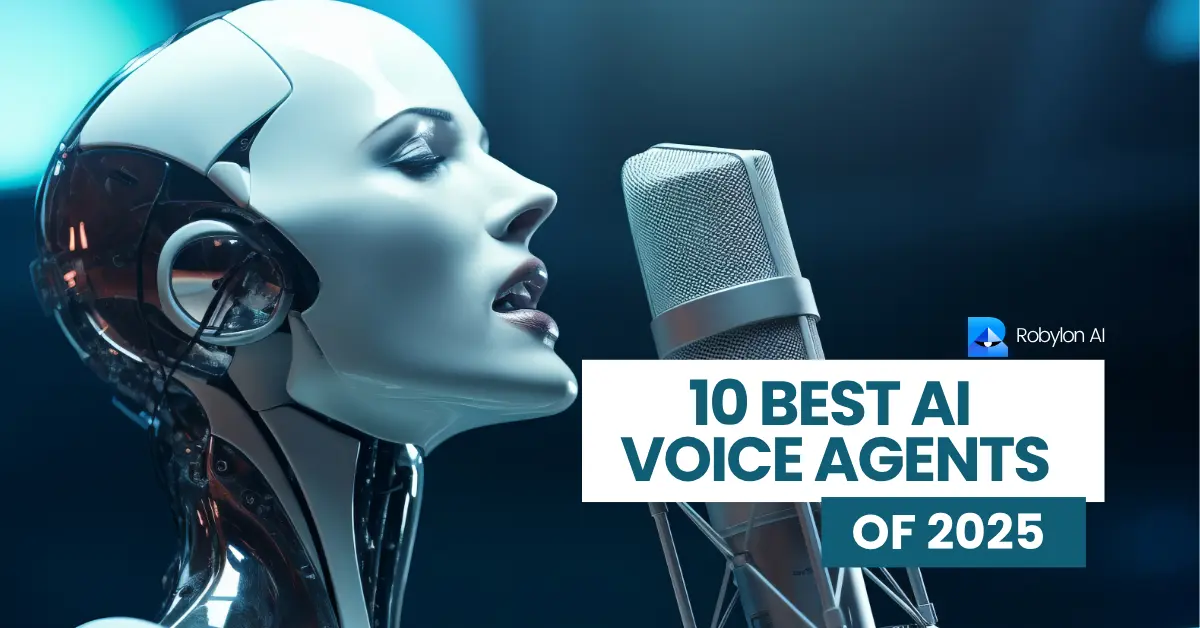 Futuristic AI robot speaking into microphone symbolizing top voice AI agents of 2025.