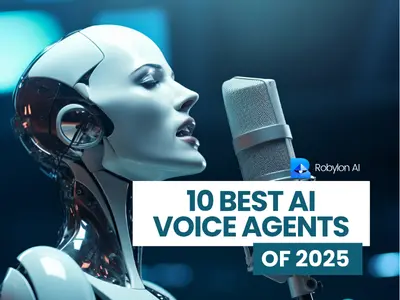 Futuristic AI robot speaking into microphone symbolizing top voice AI agents of 2025.