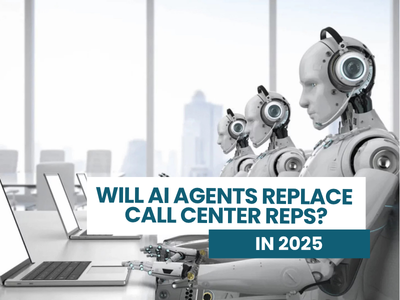 Robots with headsets working on laptops, representing AI automation in call center roles