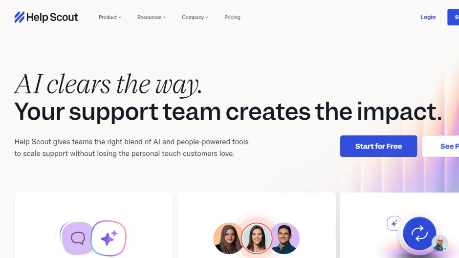 Help Scout homepage with headline AI clears the way your support team creates the impact