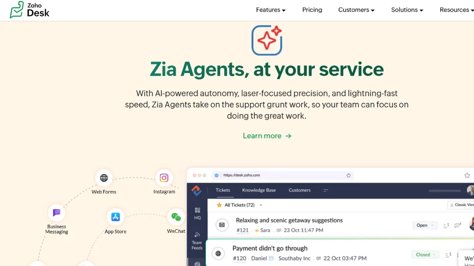 Zoho Desk Zia Agents hero banner with tagline Zia Agents at your service and ticketing dashboard