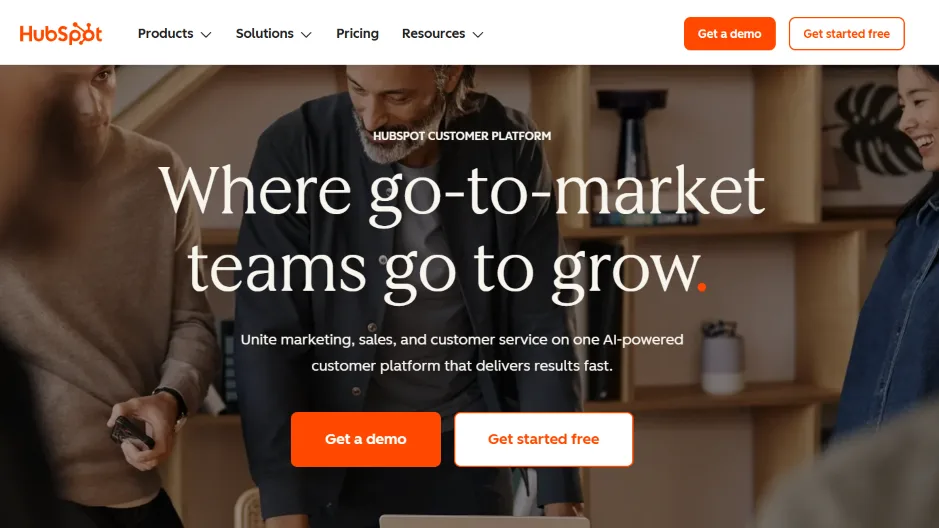 HubSpot customer platform hero with headline Where go to market teams go to grow
