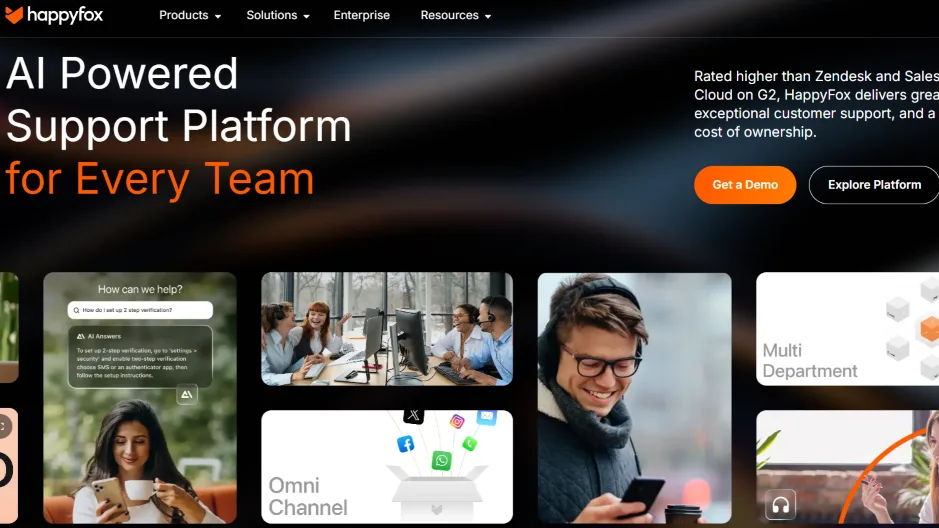 HappyFox AI powered customer support platform hero with chat widgets and support teams on screen
