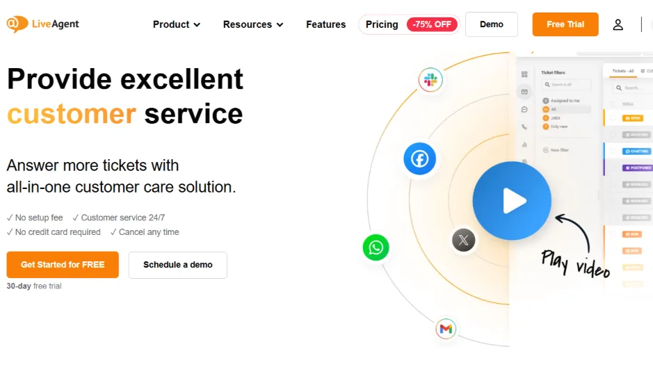LiveAgent helpdesk homepage with icons for chat, email, and social channels