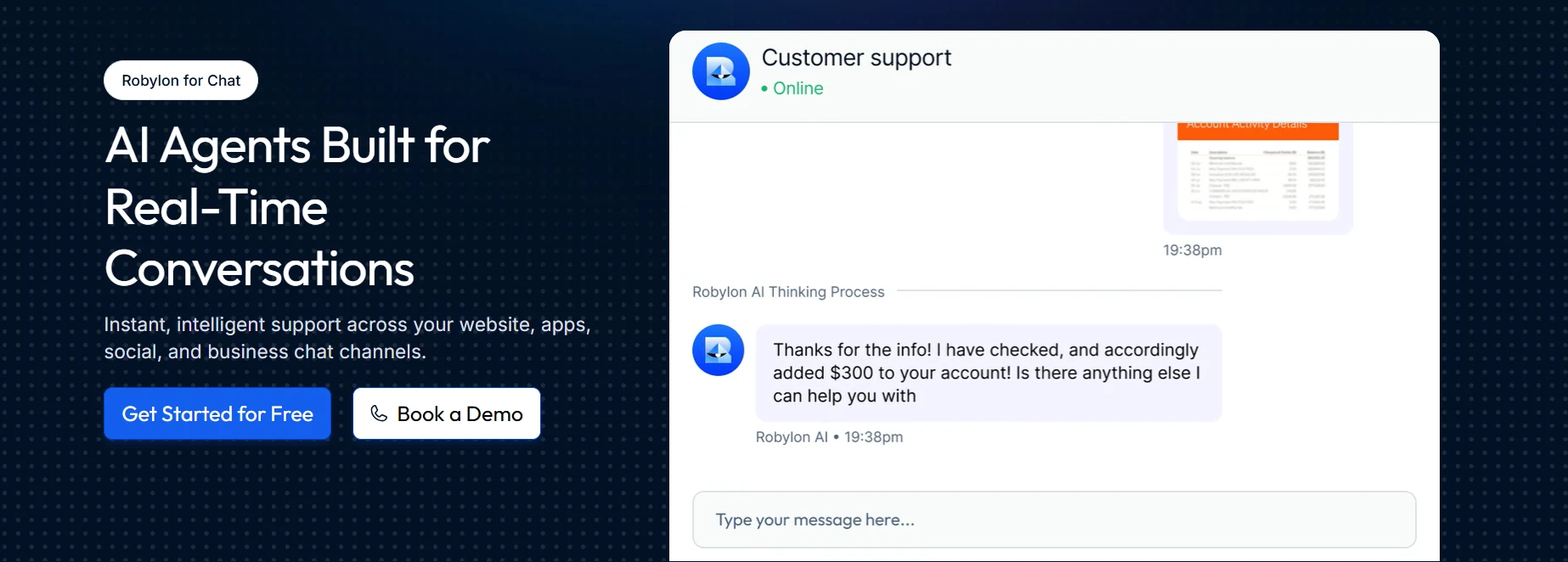 AI chatbot from Robylon resolving a customer support query in real time with a chat interface and CTA buttons.