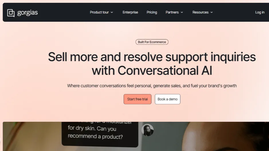 Gorgias markets ecommerce support with conversational AI and conversion-focused messaging.