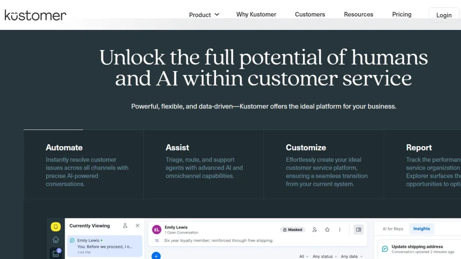 Kustomer emphasizes a unified CX platform with AI for automation and reporting.