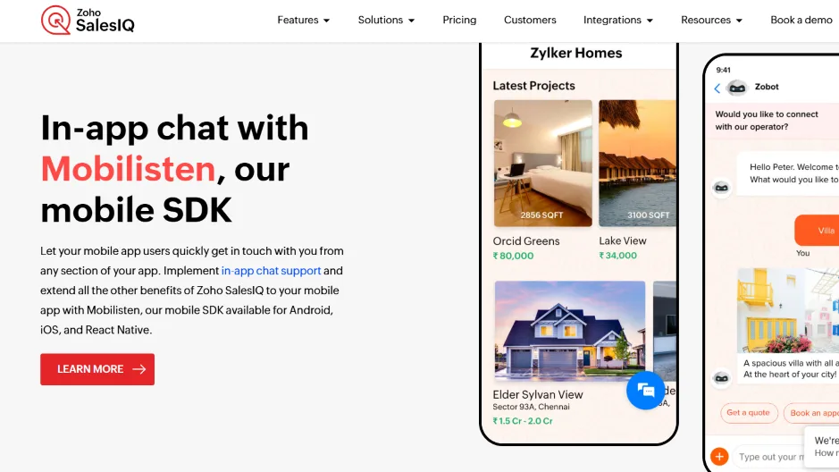 Zoho SalesIQ page featuring Mobilisten mobile SDK for in-app chat support with product screenshots on mobile.