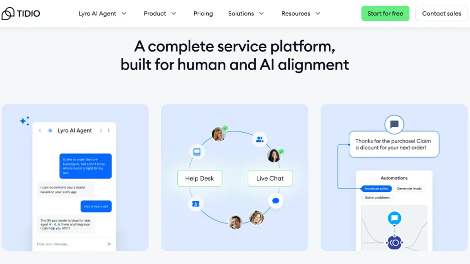 Tidio homepage showing Lyro AI Agent and service platform visuals for help desk, live chat, and automations.