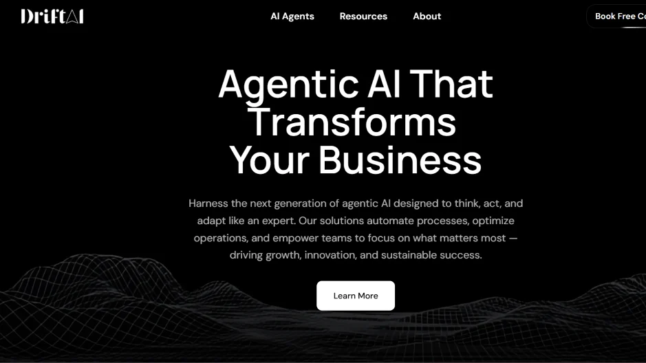 Drift AI homepage showing “Agentic AI That Transforms Your Business” hero section