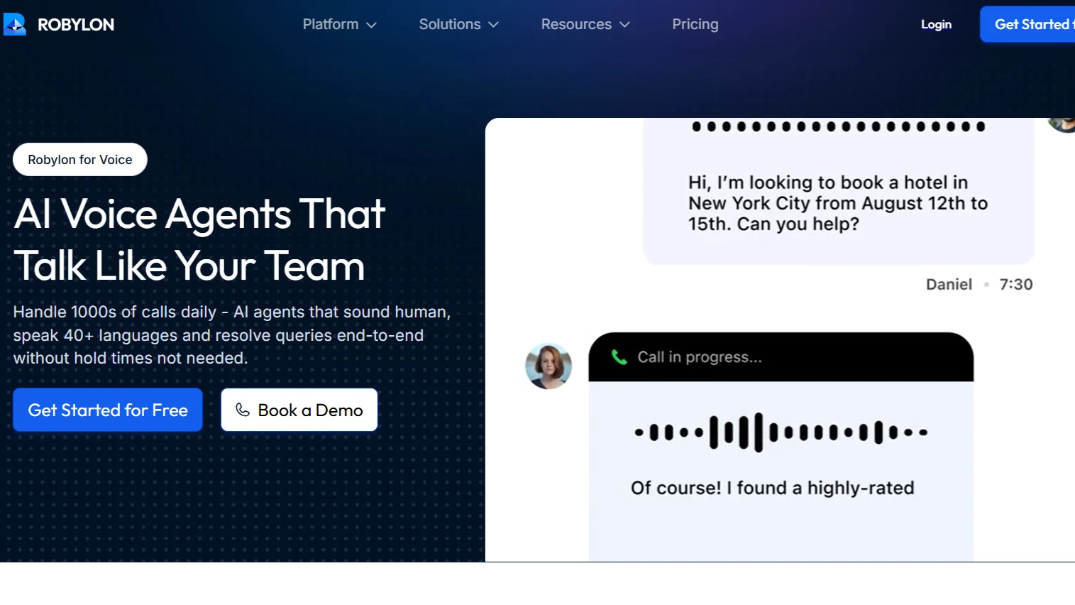 Robylon AI voice agent platform showing automated customer support calls with human-like AI agents across channels