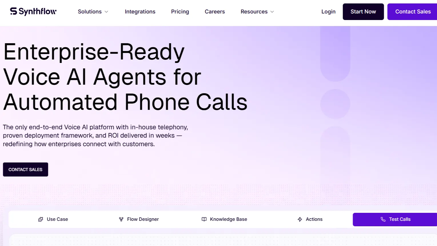 Synthflow enterprise voice AI platform for automated phone calls with flow designer, knowledge base, and actions