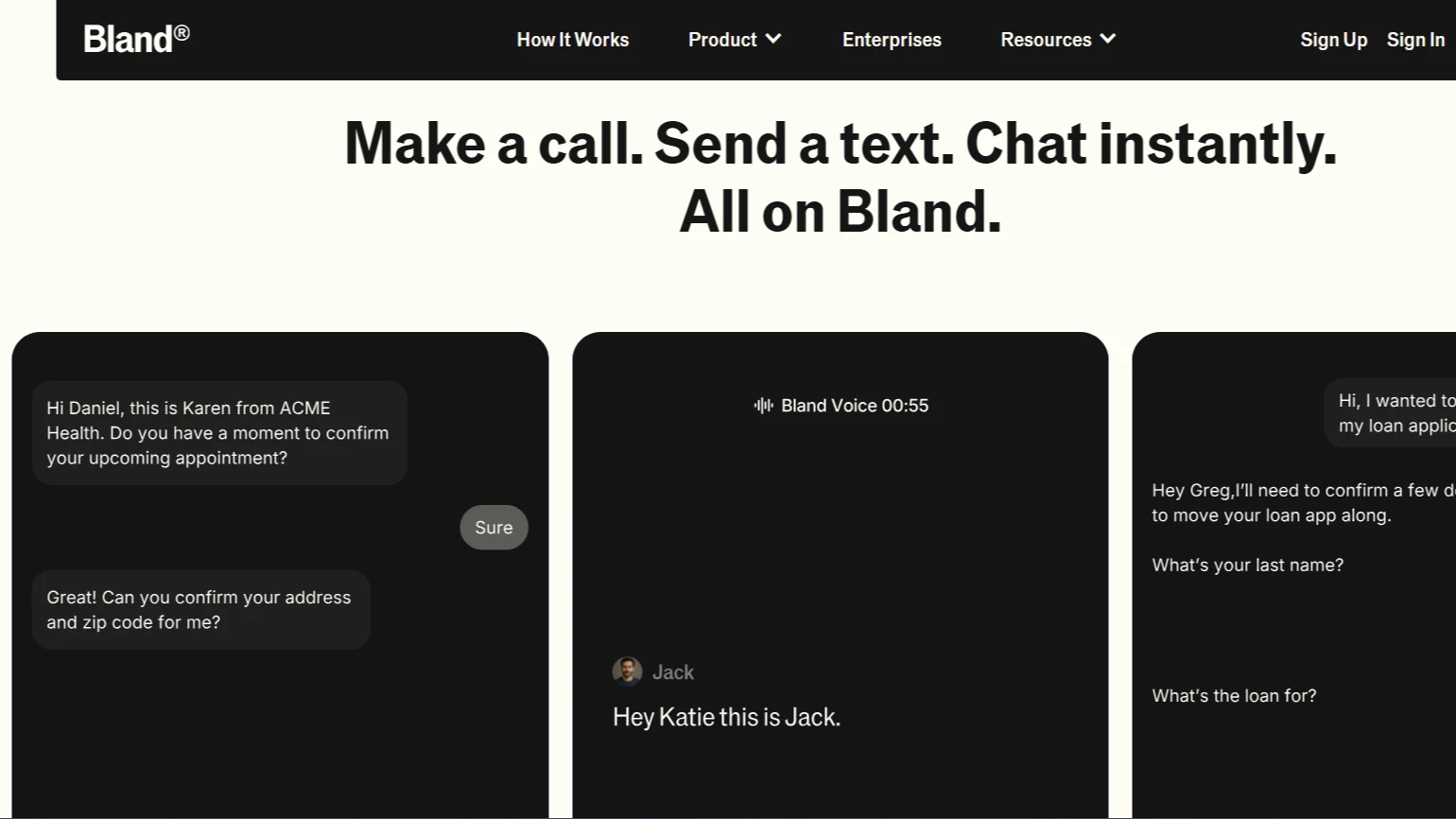 Bland AI interface showing automated calls, text messages, and chat conversations handled by AI voice agents