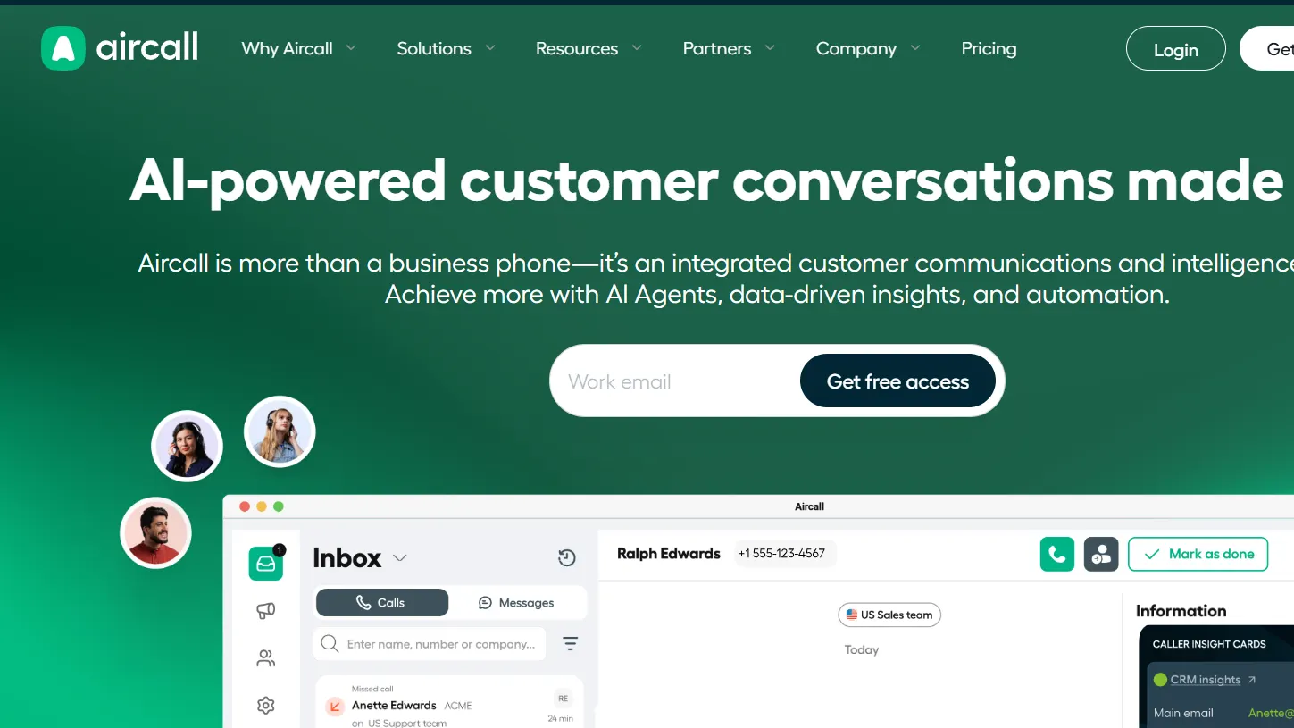 Aircall dashboard showing AI-powered business phone system with calls, messages, and shared inbox for customer support teams