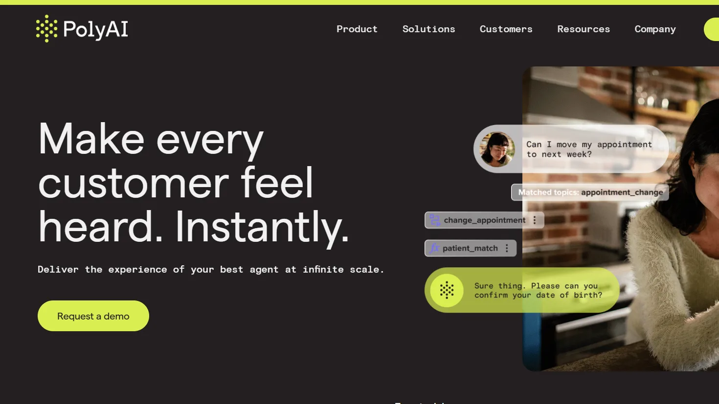 PolyAI conversational AI platform displaying voice agents handling customer requests like appointment changes