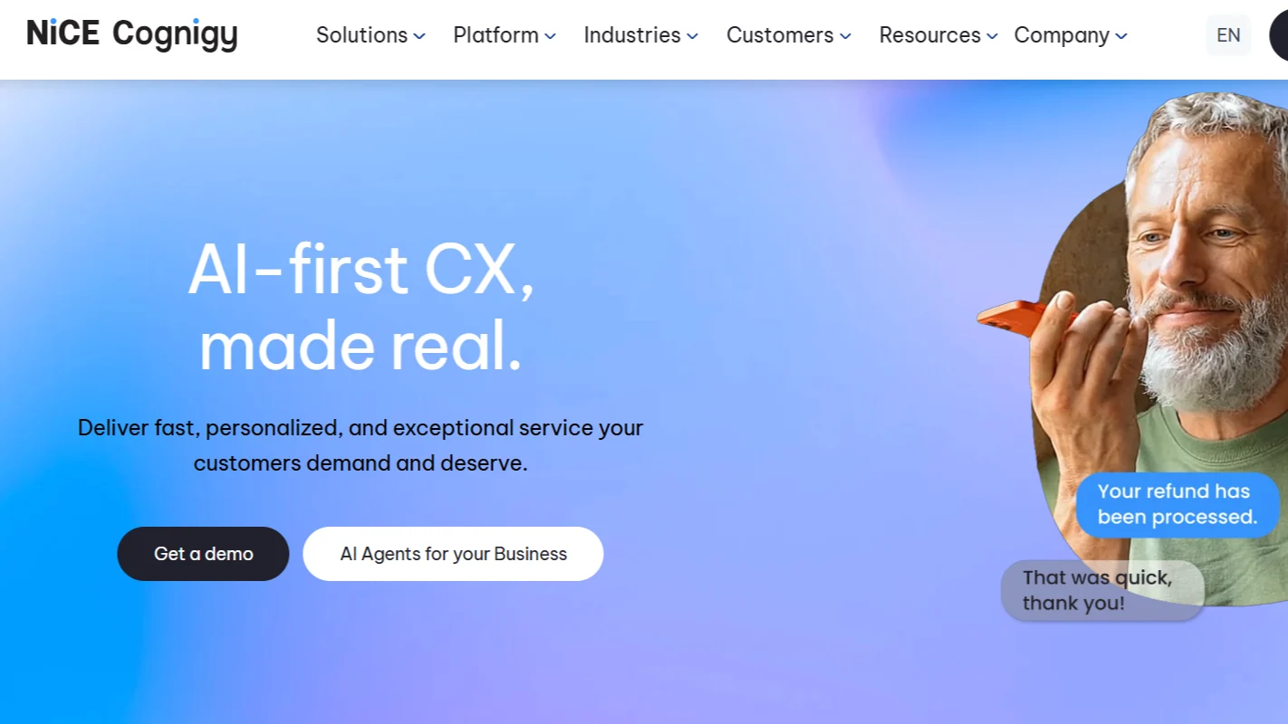 Cognigy AI platform homepage highlighting AI-first customer experience with virtual agents and automated customer support