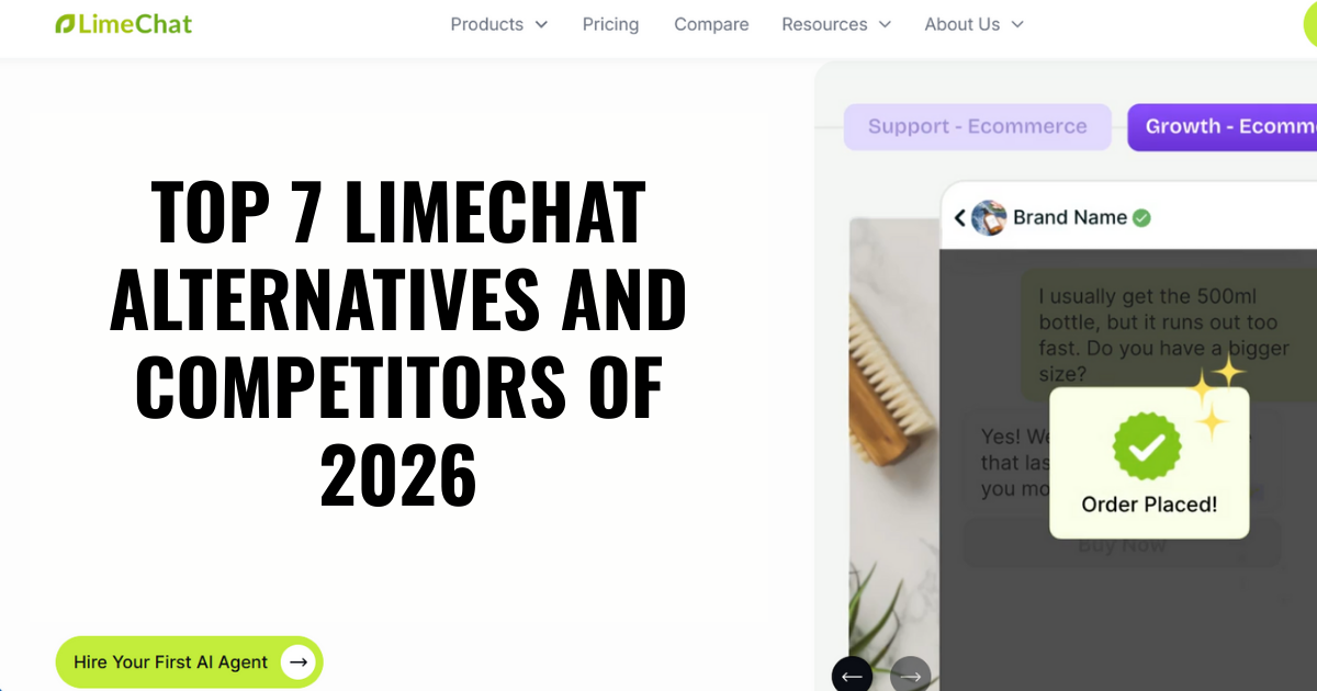 LimeChat banner “Top 7 LimeChat alternatives and competitors of 2026” with WhatsApp commerce chat preview