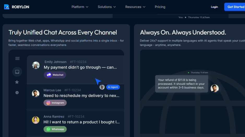 Robylon unified inbox showing webchat, Instagram, and WhatsApp conversations with AI agent tag and support replies