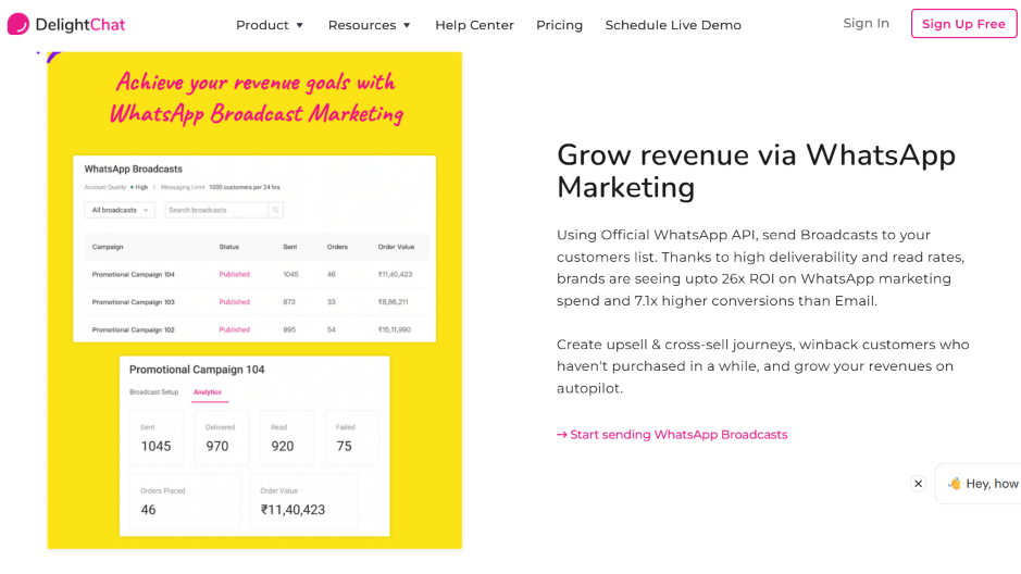 DelightChat WhatsApp broadcast marketing dashboard showing campaign status, orders, and order value