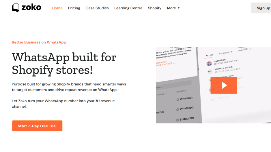 Zoko homepage “WhatsApp built for Shopify stores” with Start 7-Day Free Trial button and product demo preview