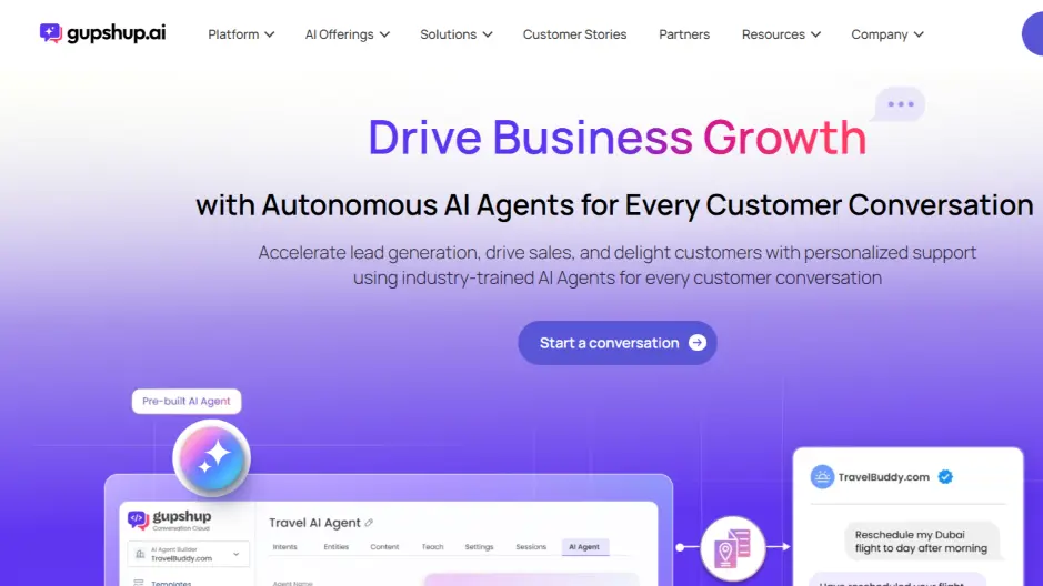 Gupshup.ai homepage promoting autonomous AI agents for customer conversations with “Drive Business Growth” headline