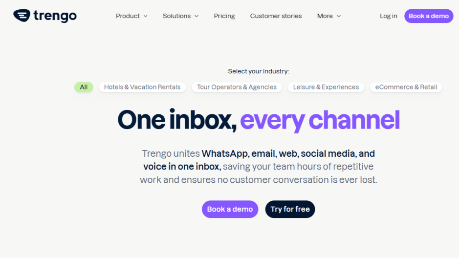 Trengo homepage “One inbox, every channel” highlighting WhatsApp, email, web, social media, and voice in one inbox