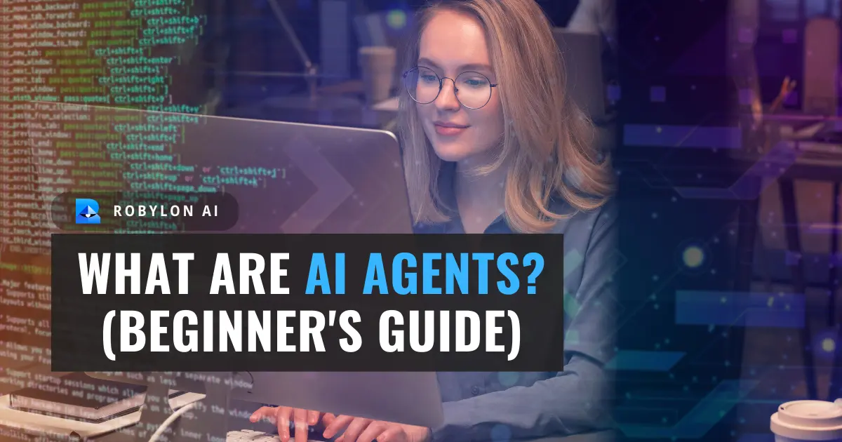 Woman using a laptop with programming code overlay, representing a beginner’s guide to AI agents.