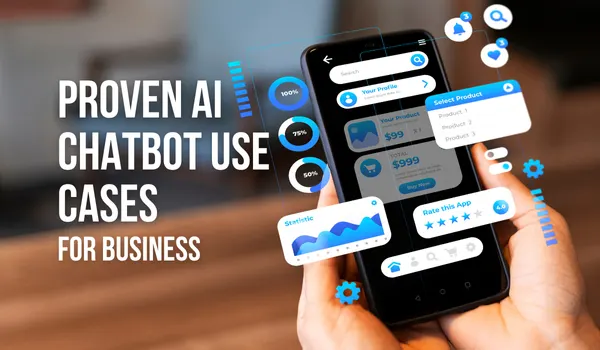  Smartphone interface showing business dashboards and chatbot menus - Proven AI chatbot use cases for business