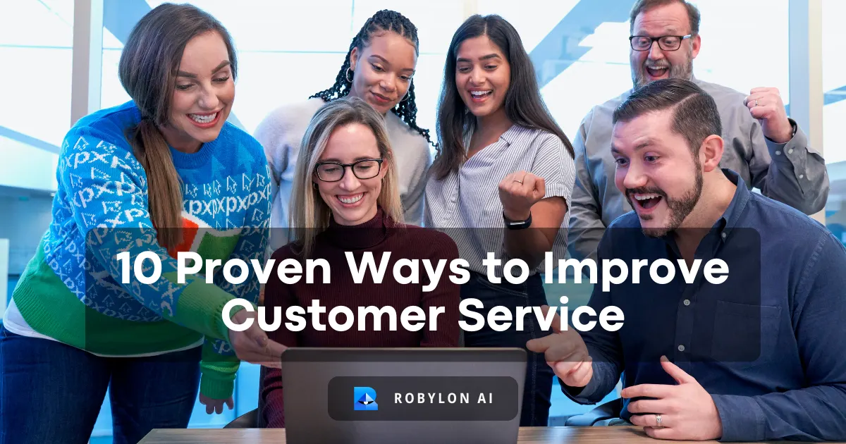 Happy team celebrating around a laptop, discovering 10 proven ways to improve customer support.