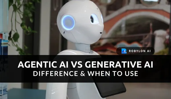 Humanoid robot with glowing blue ears representing the comparison of agentic AI vs generative AI