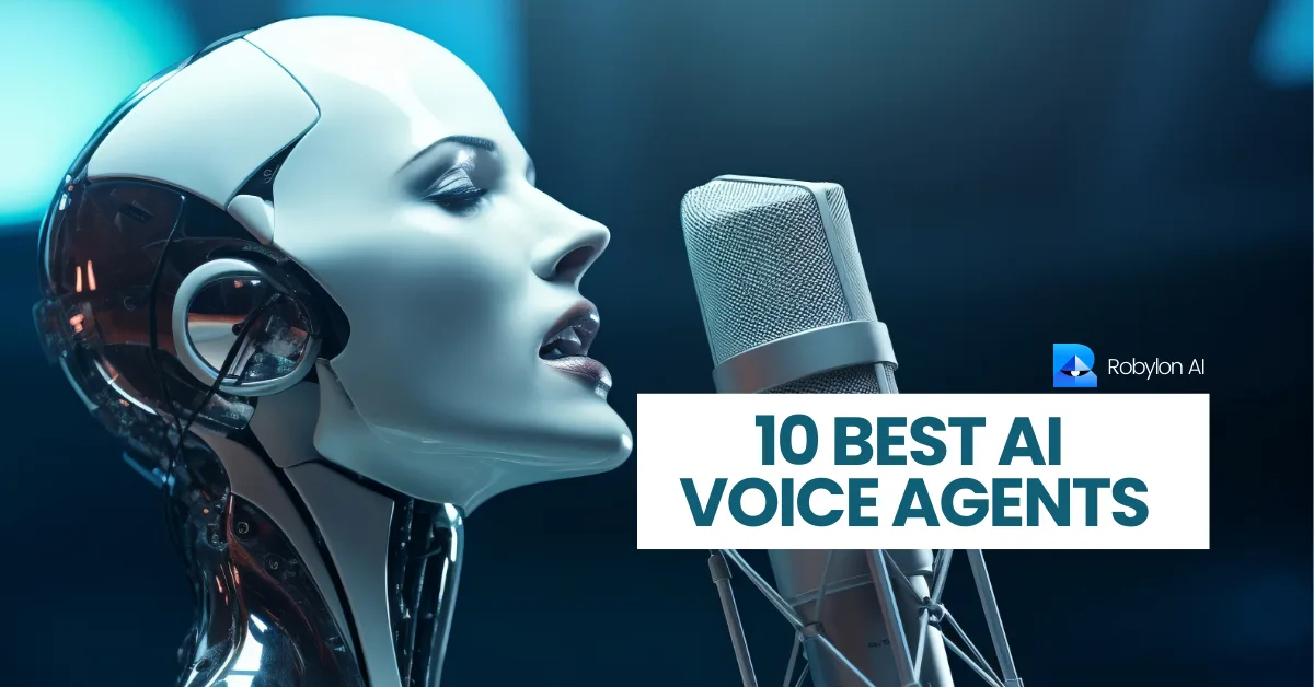Futuristic AI robot speaking into microphone symbolizing top voice AI agents