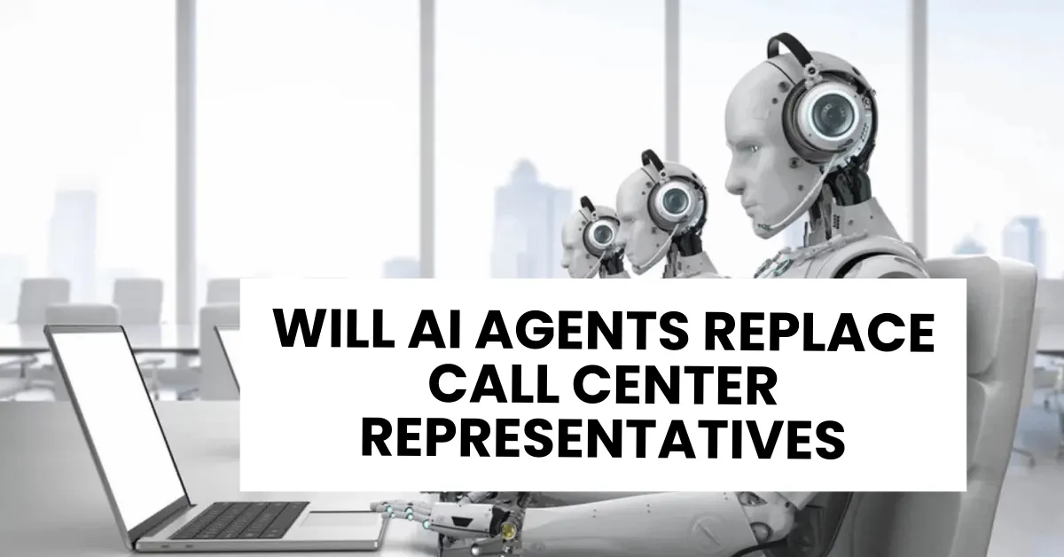 Robots with headsets working on laptops, representing AI automation in call center roles
