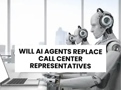 Robots with headsets working on laptops, representing AI automation in call center roles
