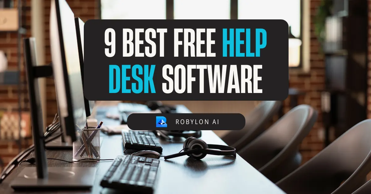 Empty help desk setup with computers and headsets, highlighting best free help desk software in 2025Empty help desk setup with computers and headsets, highlighting best free help desk software