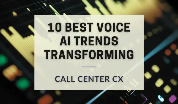 Voice AI trends transforming call center CX, shown on an analytics dashboard background