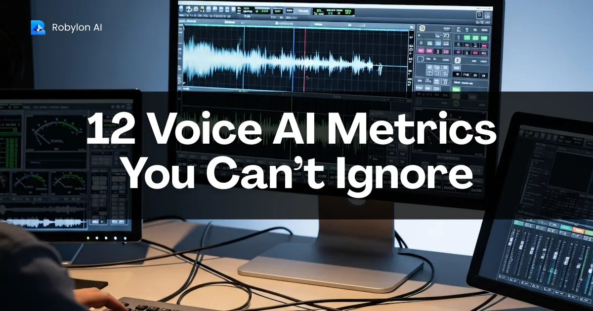 Studio screens with audio waveforms illustrating Voice AI metrics contact centers should track