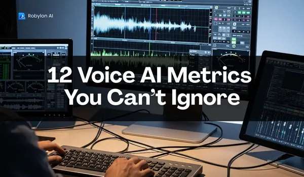 Studio screens with audio waveforms illustrating Voice AI metrics contact centers should track