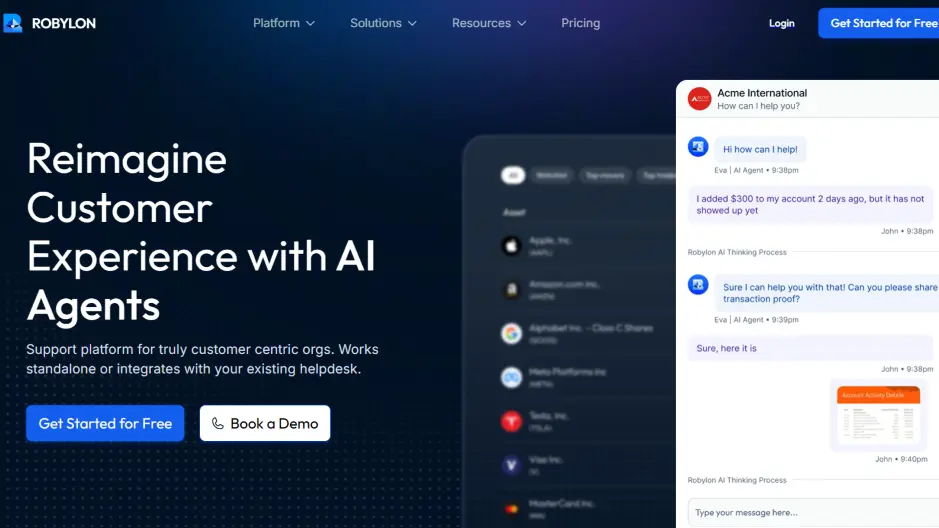 Robylon AI agents dashboard showing unified inbox chat with AI thinking process and support workflow view