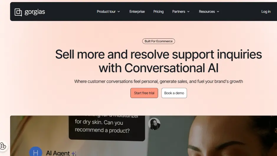 Gorgias conversational AI homepage for ecommerce support with “Sell more and resolve inquiries” headline