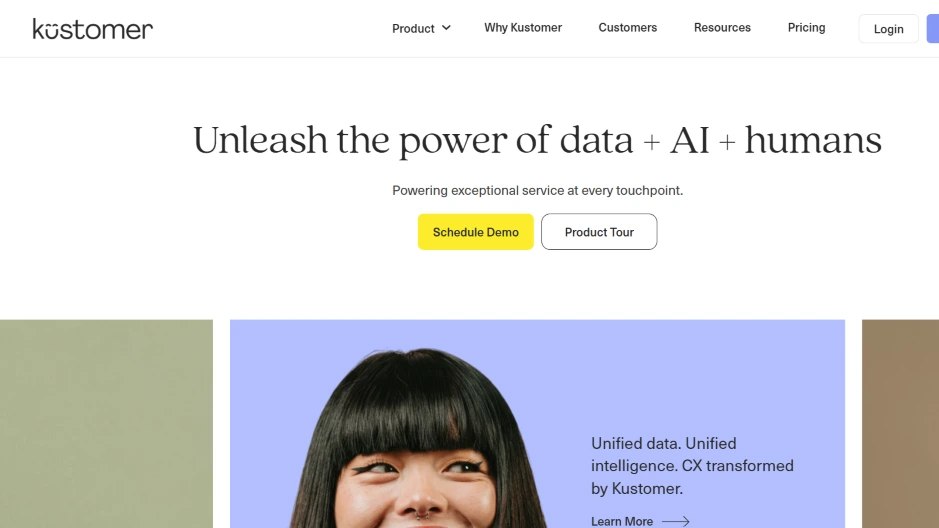 Kustomer customer service platform homepage showing “Unleash the power of data + AI + humans”