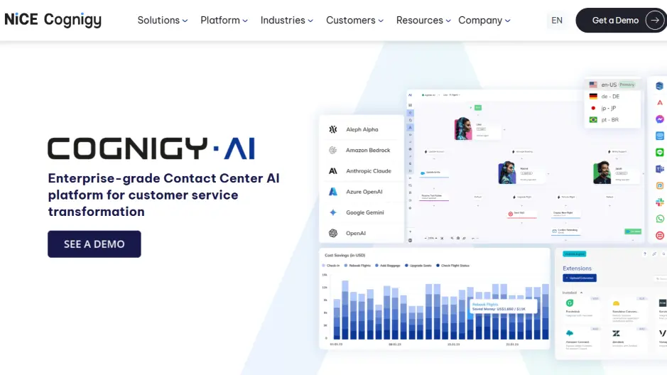 Cognigy.AI contact center automation platform homepage with enterprise AI workflow dashboard preview