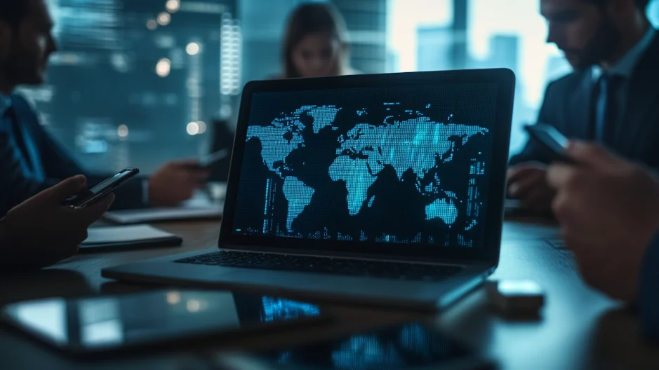 Business team analyzing global voice AI deployment with world map visualization