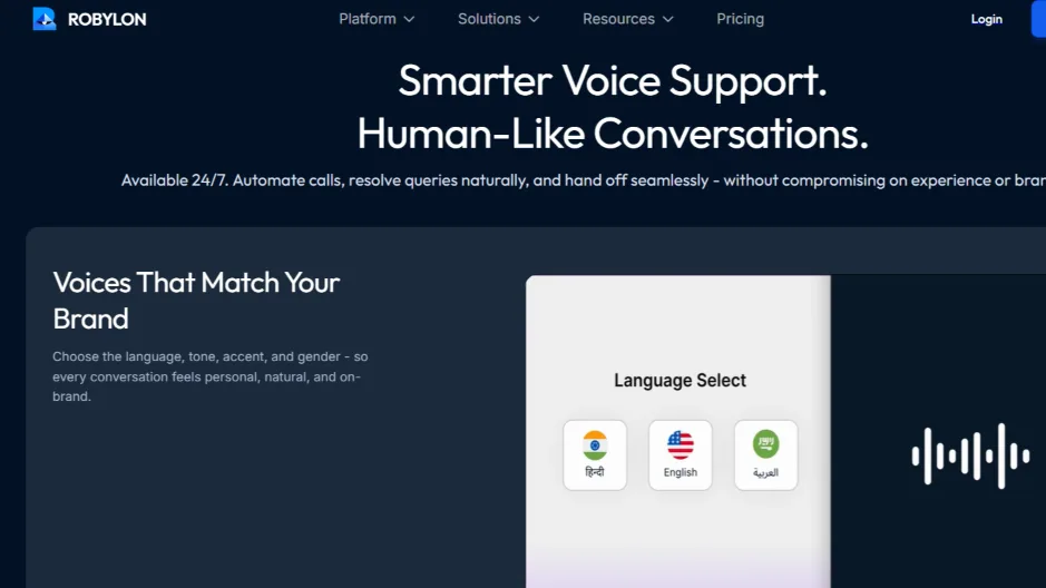 Robylon voice AI platform interface showing multilingual language selection with Hindi English and Arabic options for customer support