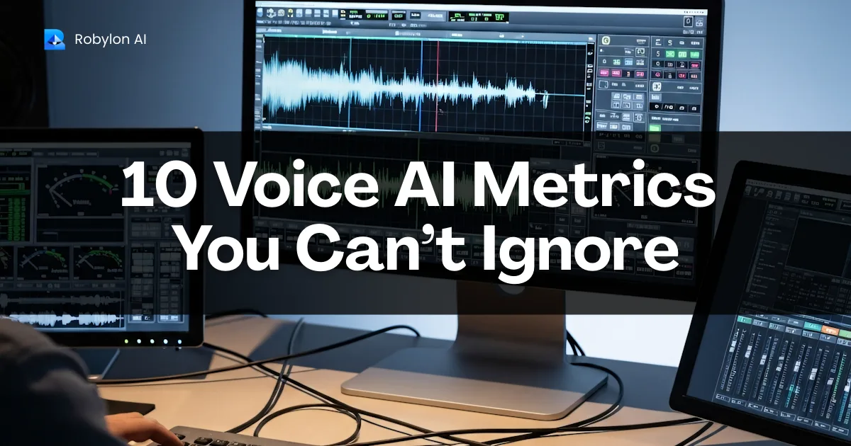 Studio screens with audio waveforms illustrating Voice AI metrics contact centers should track