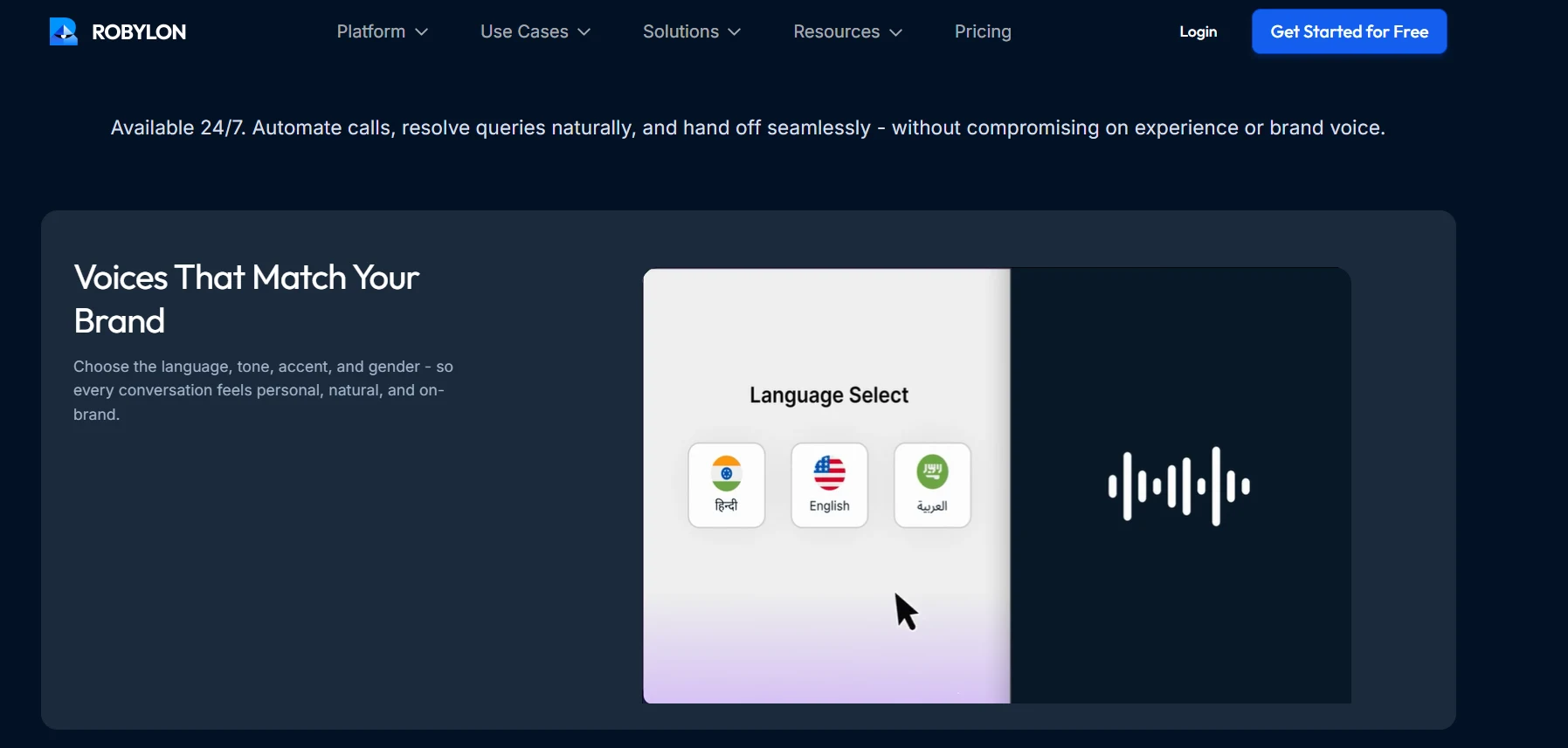 Voice AI language selector UI with Hindi, English, and Arabic options for calls