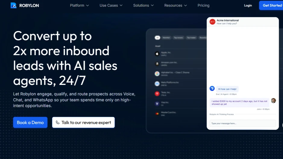 Robylon AI sales agent platform converting 2x inbound leads 24/7 via voice, chat, and WhatsApp