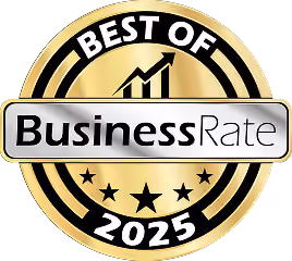 Gold circular badge with text Best of 2025 and BusinessRate logo with rising graph icon.