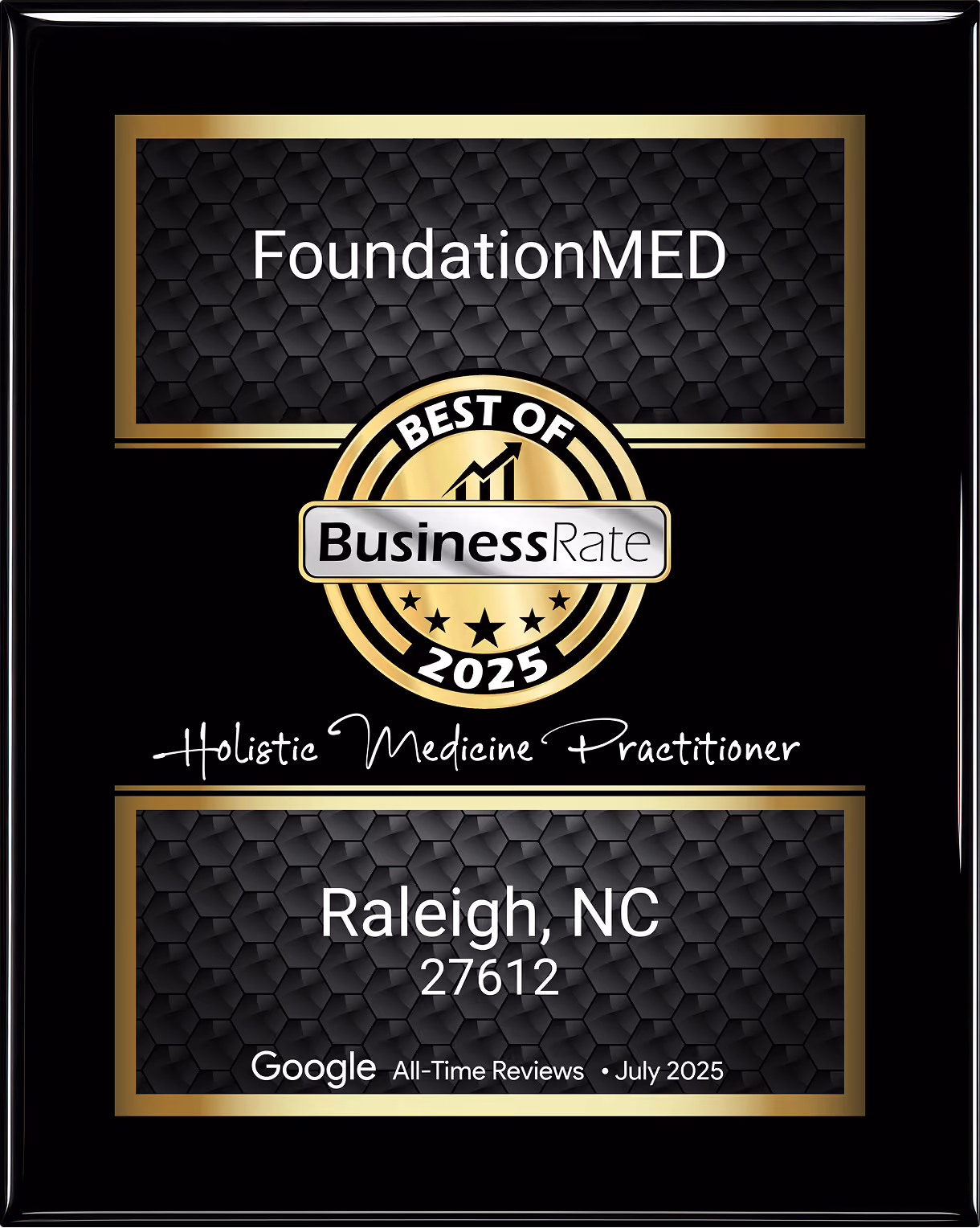 Best of Business Rate 2025 award for FoundationMED, Holistic Medicine Practitioner in Raleigh, NC.