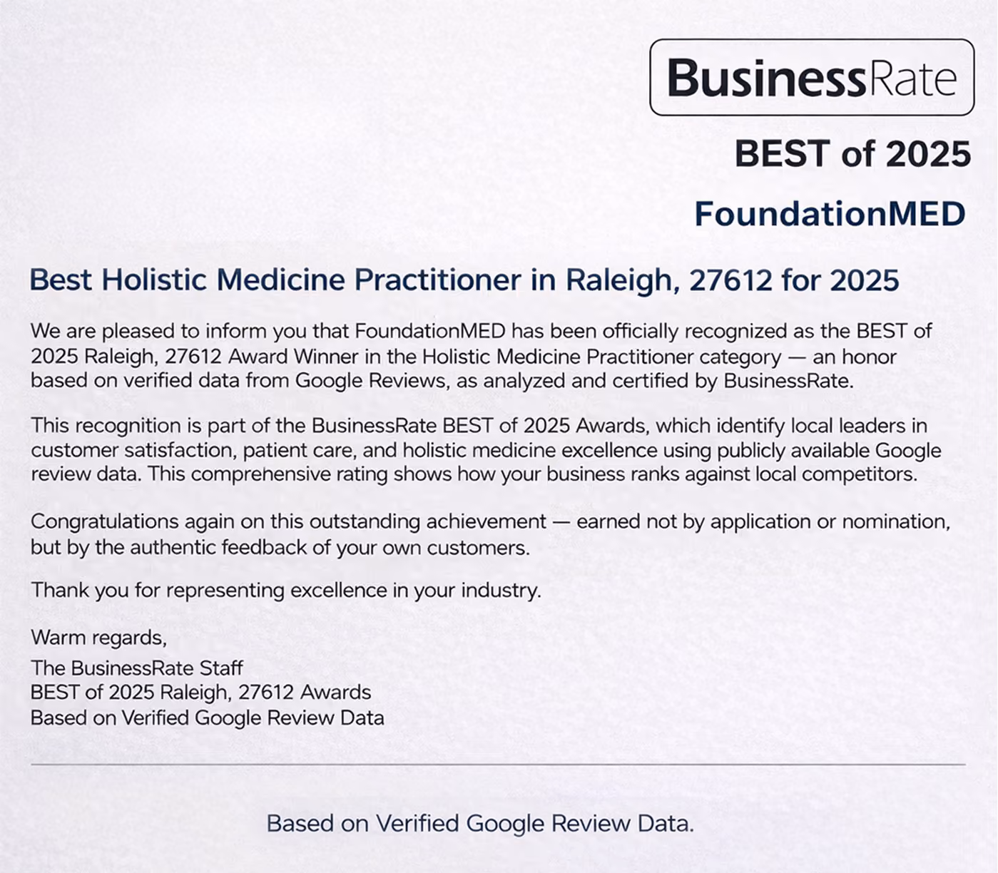 Certificate recognizing FoundationMED as Best Holistic Medicine Practitioner in Raleigh, 27612 for 2025.