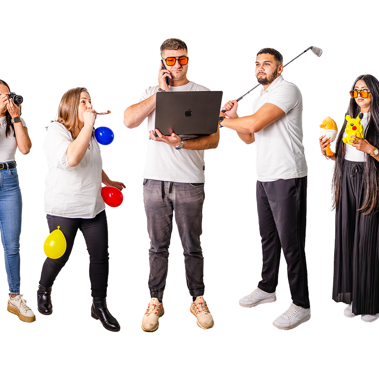 Tecbot team engaged in different activities including taking photos, blowing balloons, using a laptop and phone, swinging a golf club, and holding plush toys.